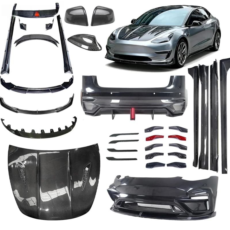 High Quality Bolt-On RAPOW Carbon Fiber Tuning Body Kit Front Lip Side Skirts Diffuser Bumper Rear Wing For Model 3