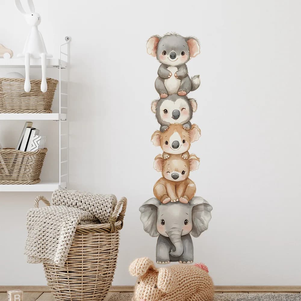 Cartoon Sloth Elephant Wall Sticker Child Bedroom Decor Decals Kids Room Background Decoration Self-adhesive Cute Animal Mural