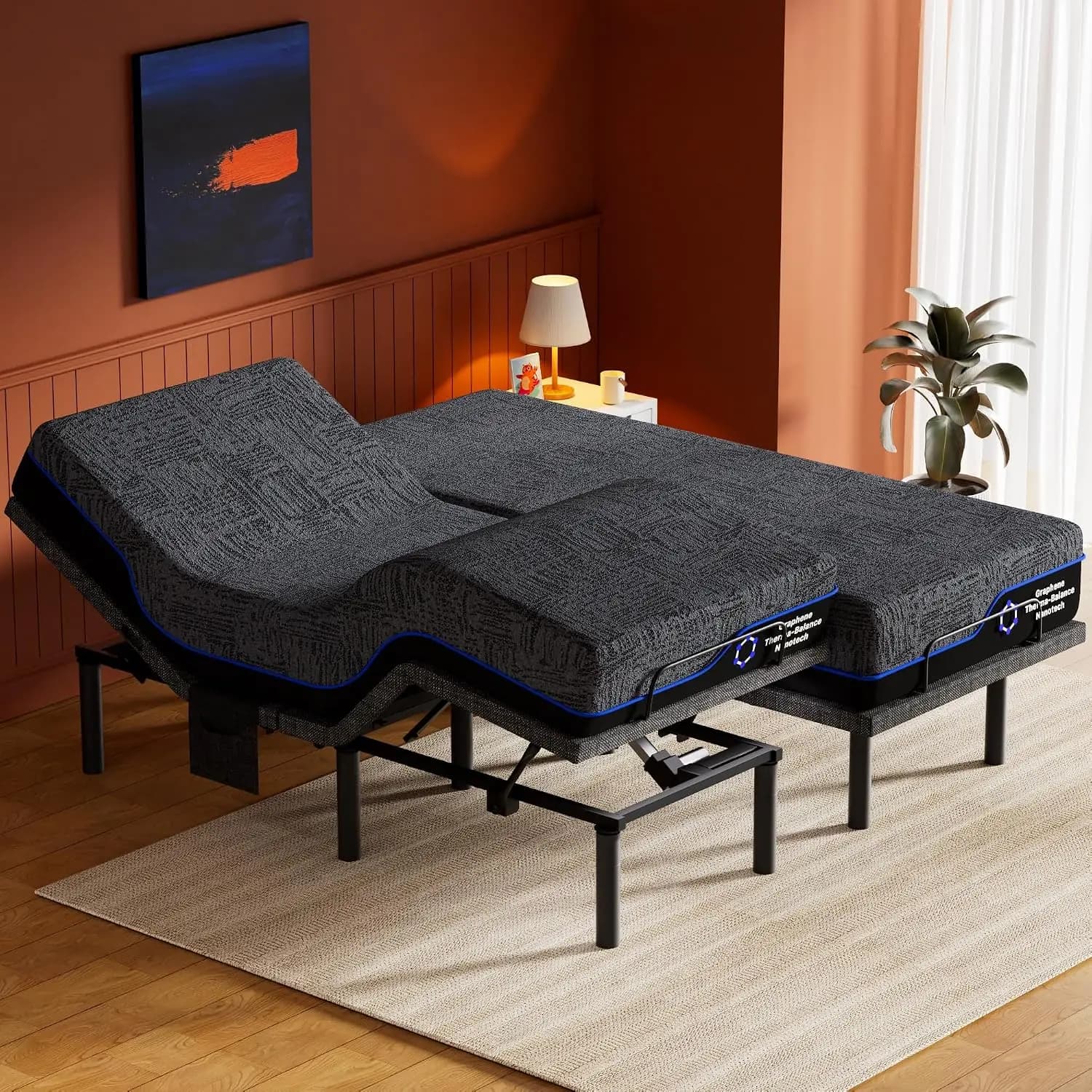 Amada Split King Adjustable Bed Frame and 14 Inch Cooling Gel Memory Foam Mattress Set, Head & Foot Incline, Wireless Remote
