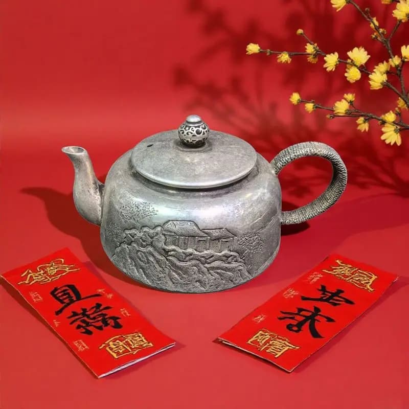 Exquisite landscape teapot pure copper plated with silver vintage-style gift box tea set decoration