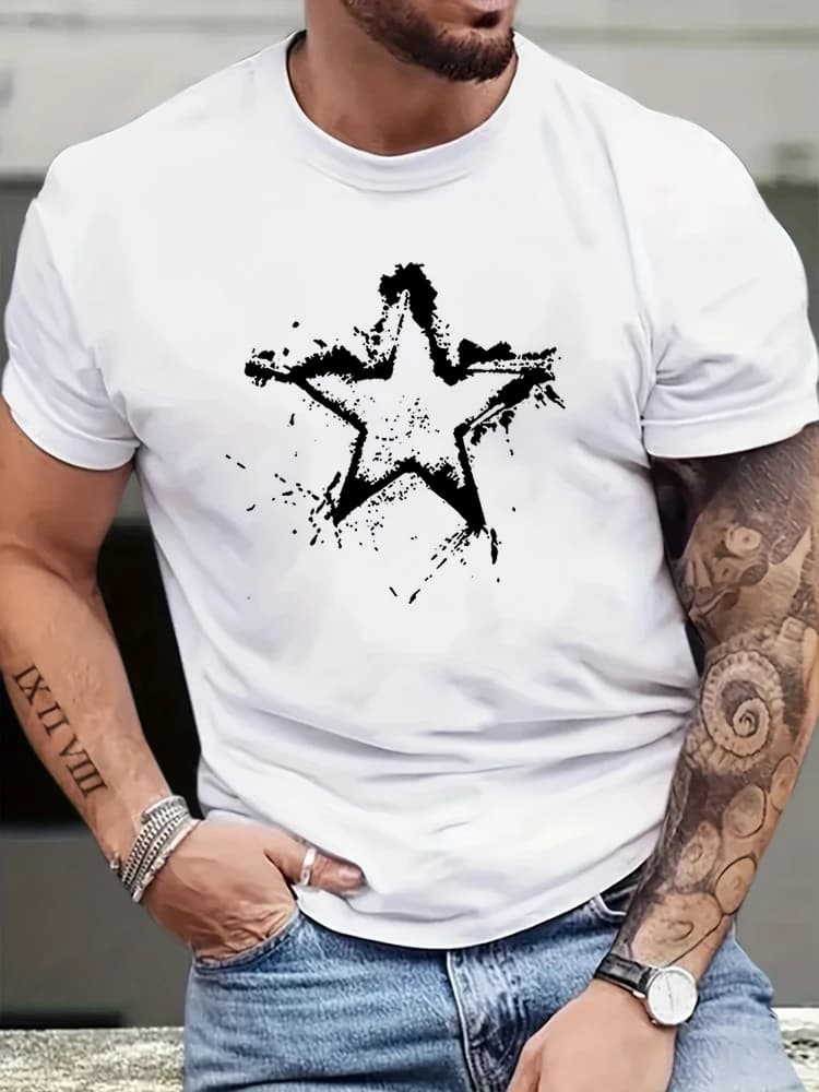 Men's fashion star printed T-shirt -100% cotton round neck, lightweight breathable summer short-sleeved shirt.