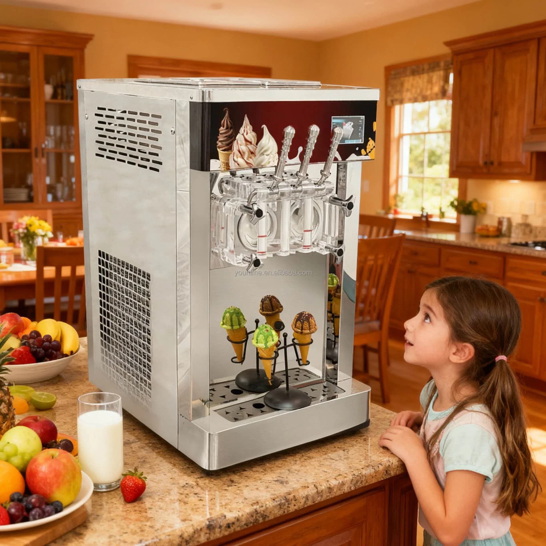 Yourtime 3 Flavor 30L/H Continous Frozen Yogurt Maker 8 Programs Soft Sundae Ice Cream Machine Benchtop Slush Snack Machine