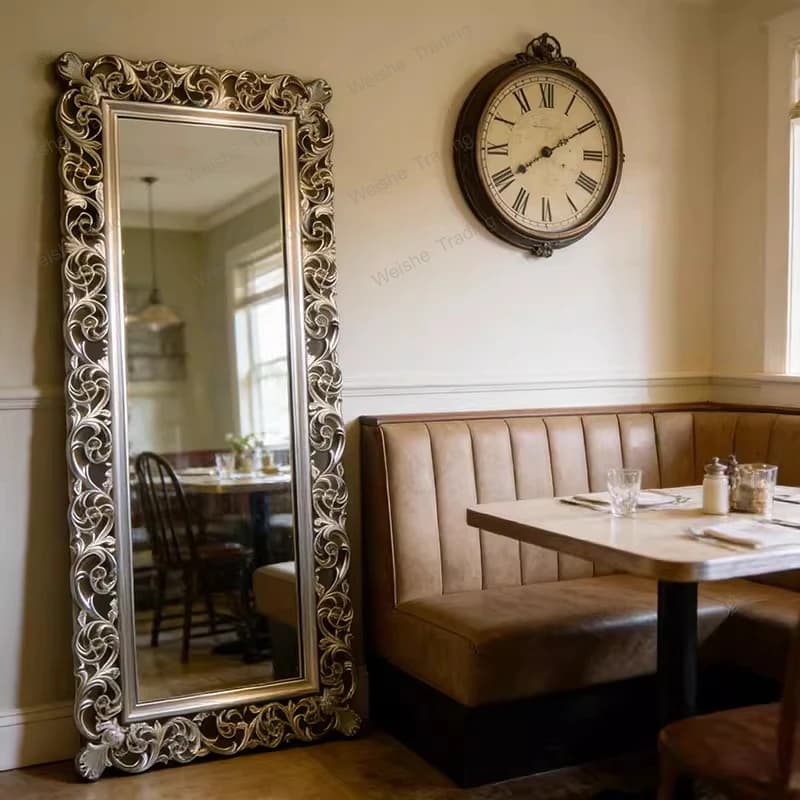 French vintage full-length mirror, wood heavy work, dressing, American baroque fitting, floor-mounted mirror