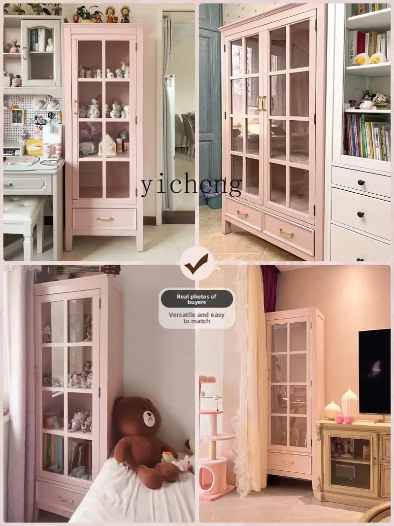 d9 Solid Wood Single Door Pink Bookshelf with Door Handcrafted Display Cabinet Living Room High Cabinet