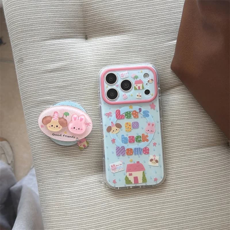 Cute Puppy  Bunny Cartoon Print For MagSafe Phone Case For iPhone 17 16 15 14 Pro max Clear Cover with 3D Socket Holder Magnetic