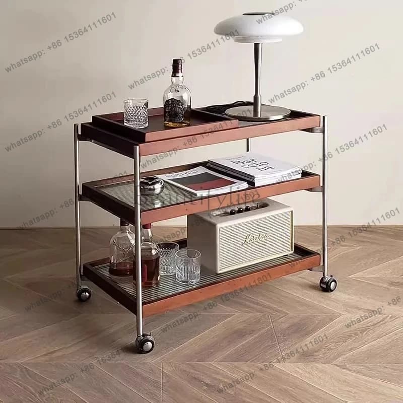 Medieval solid wood small push dining cart moving table edge sofa living room bedside retro shelf