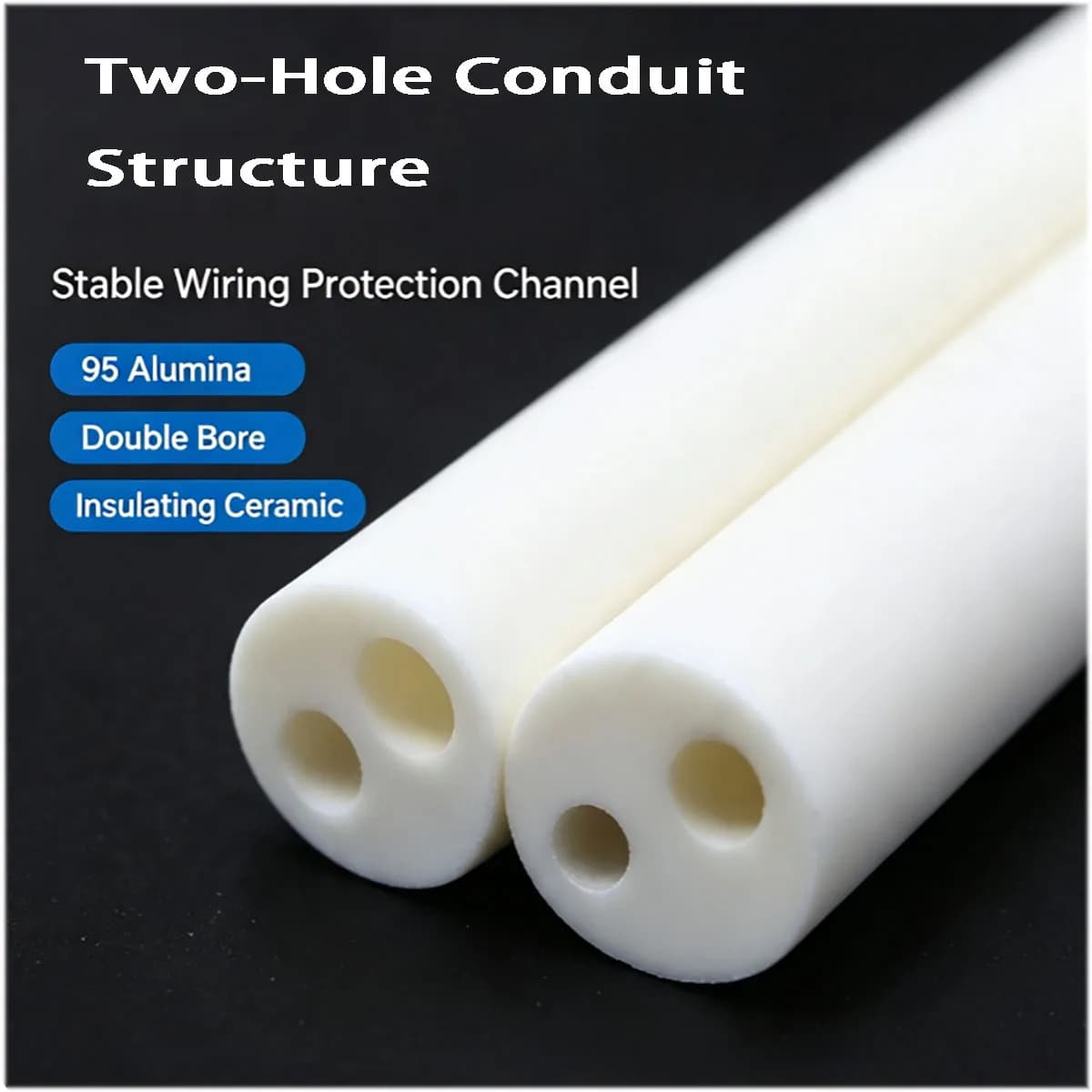 95 Alumina 2‑Hole Corundum Ceramic Tube Hollow Insulating Sleeve for Electrical Wiring High‑Temperature Equipment
