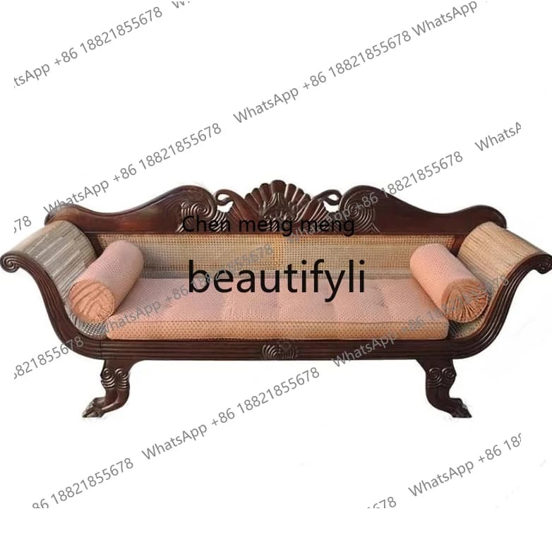 X Country Solid Wood Sofa Natural Rattan Handmade Carved Double Three-Person Leisure Retro