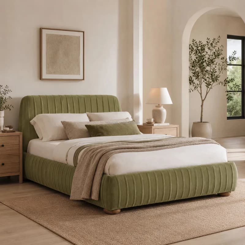 Modern striped green velvet bed vertical slats upholstered bed frame