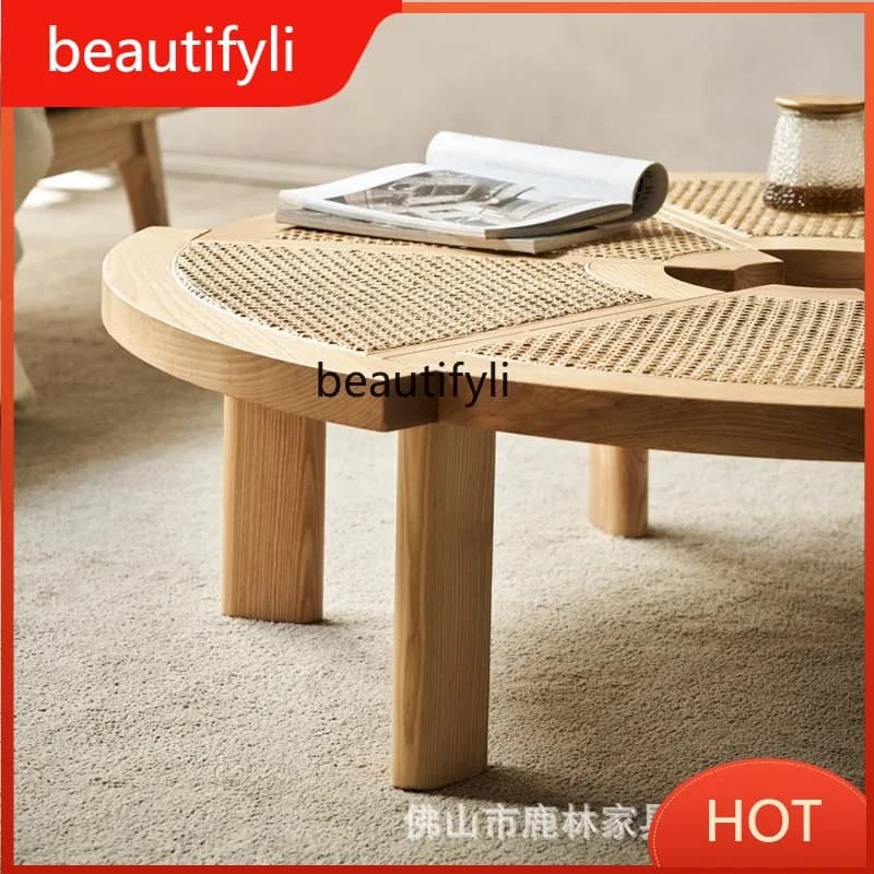 A139 Nordic Solid Wood Rattan Round Coffee Table Creative Personality Japanese Style Rattan Surface Homestay Rattan Furniture