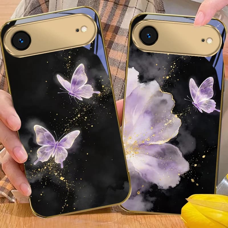 Butterfly with gold foil For iPhone Air 17 Pro Max 16 15 Pro 14 13Plus 12 mini 11 17Air XR 16E 17ProMax Golden glass phone case