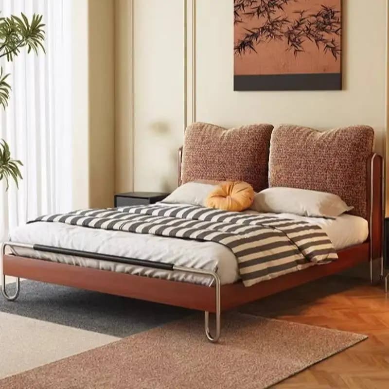 Normal Base Double Bed Decoration Elegant Beige Adults Cloud Double Bed Wooden Japanese Modern Camas De Dormitorio Furniture