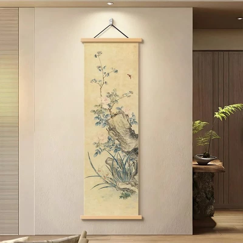 Wall Art Song Inspired Orchid and Stone Pearlescent Canvas Hanging Scroll with Wooden Rods for Living Room Entryway Study
