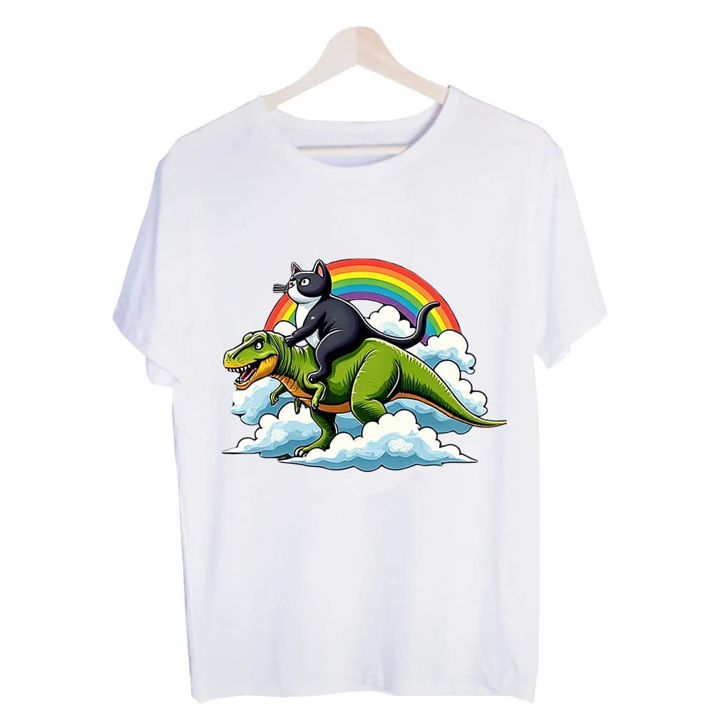 Men's Cat Riding Dinosaur Graphic Tee, Short Sleeve Crew Neck T-Shirt for Casual Summer Outfits