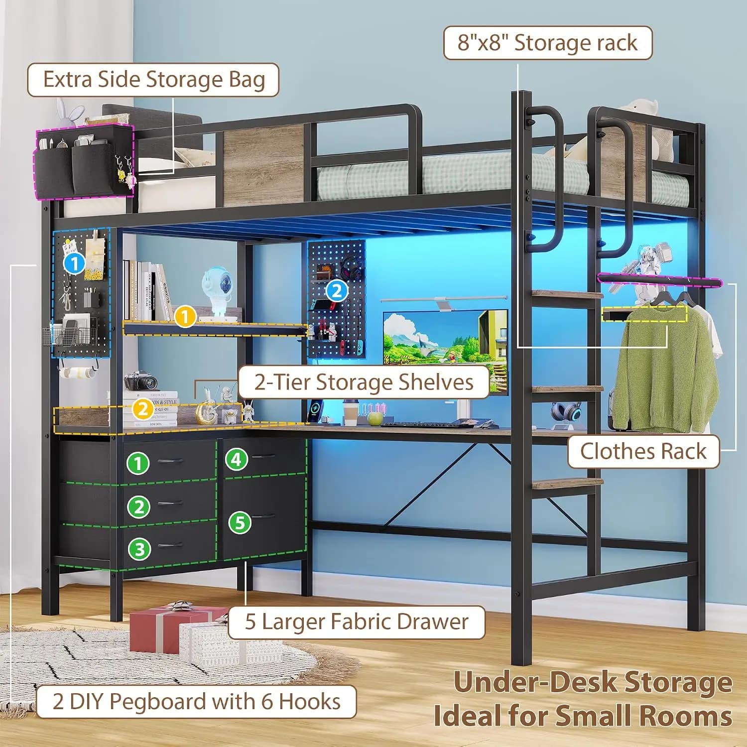Twin Loft Bed with Desk and 5 Storage Drawers, Oak Gray