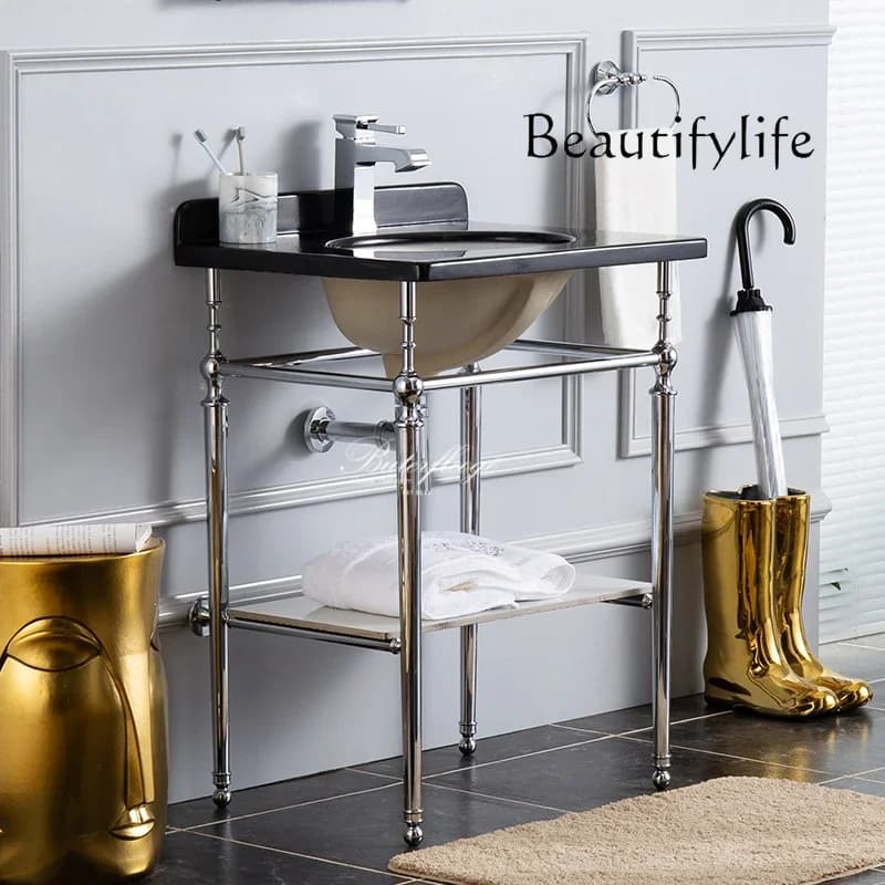 BJ Black Marble Bathroom Cabinet Four Legs Double Panel Bracket Wash Basin Retro Fashion