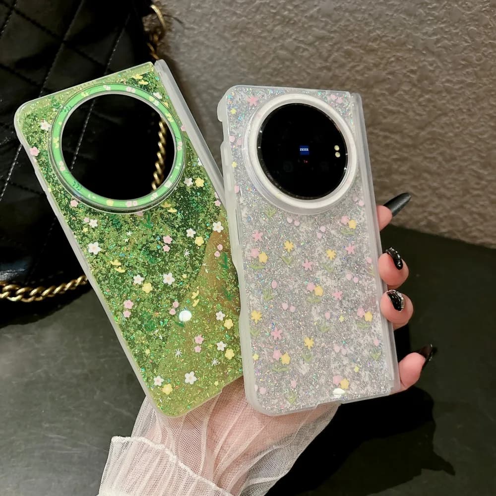Glitter Flower For VIVO X Fold 6 Protection Phone Case Butterfly Shockproof PC Shell Back Cover
