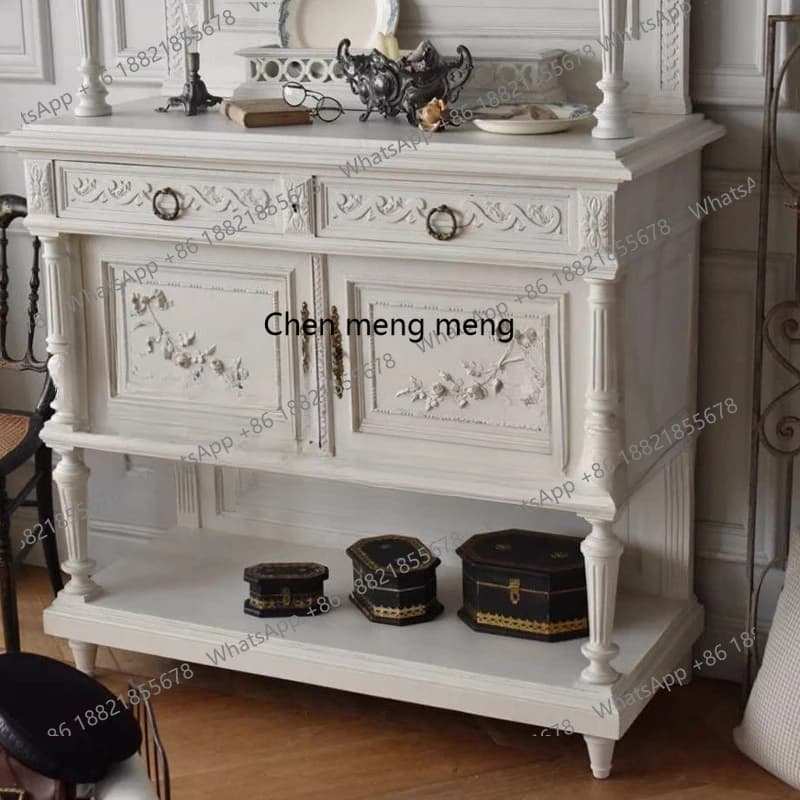 French white vintage sideboard small apartment solid wood carved shelf wall storage cabinet
