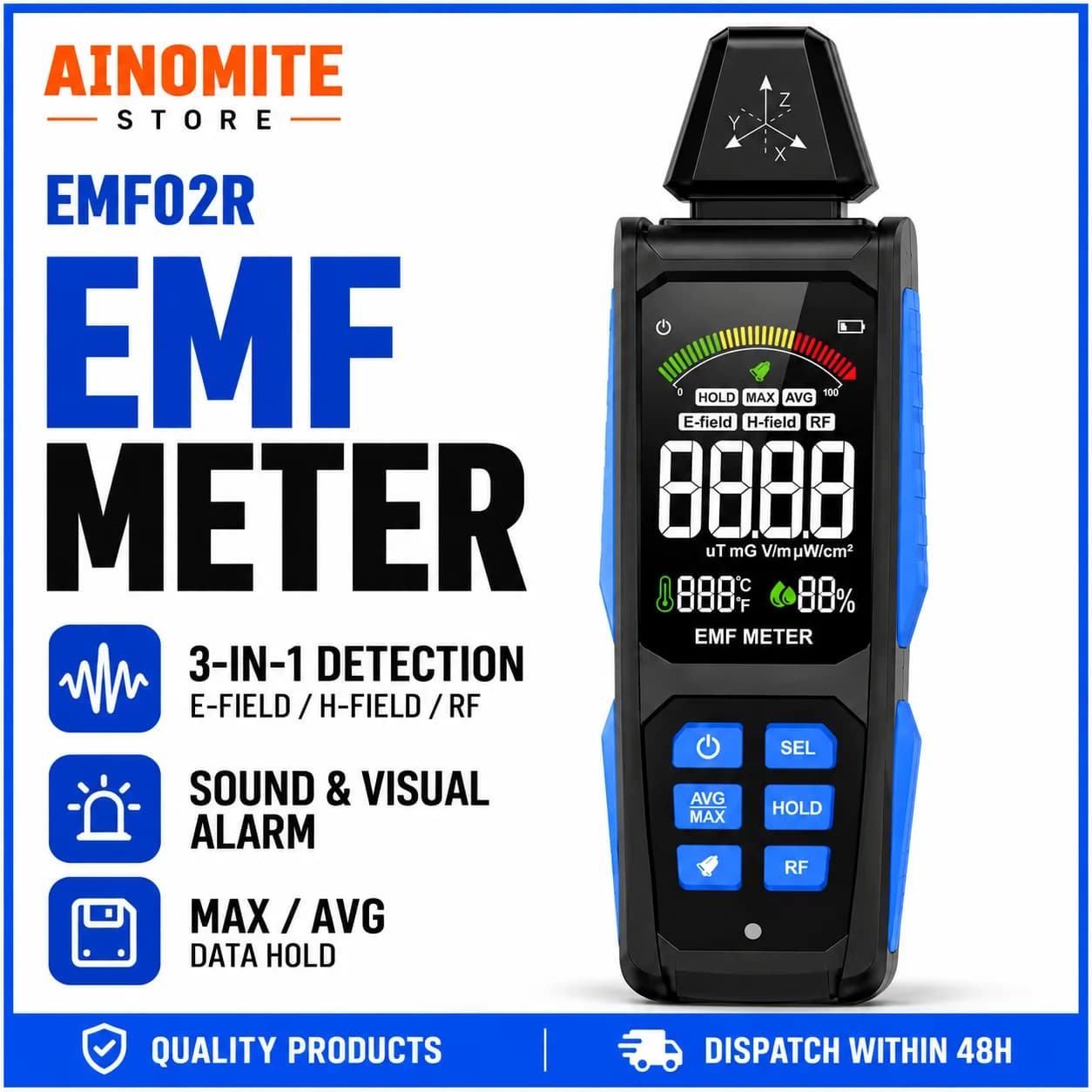 5-in-1 EMF Meter 30Hz-8GHz – RF/Magnetic/ELF Tester with VA Color Display, Sound/Light Alarm, Temp/Humidity, for Home/Safety