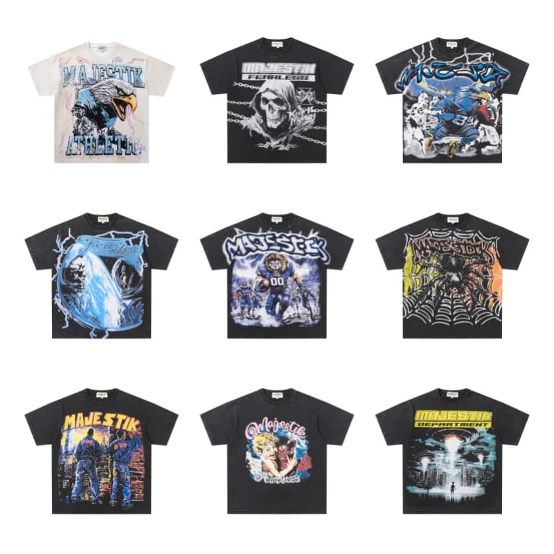 Multicolor MAJESTIK Men's & Women's Streetwear Graffiti Retro Cotton Distressed Round-Neck Summer Short-Sleeve T-Shirt