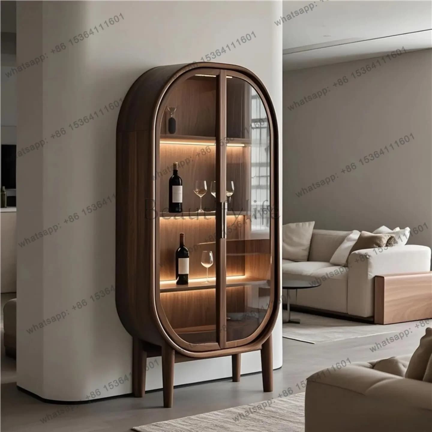 YJ Multi Layer Wooden Display Cabinet Luxury Beauty Storage Hotel Living Room Cabinets Lighting Modern Armario Multiuso Furnitur