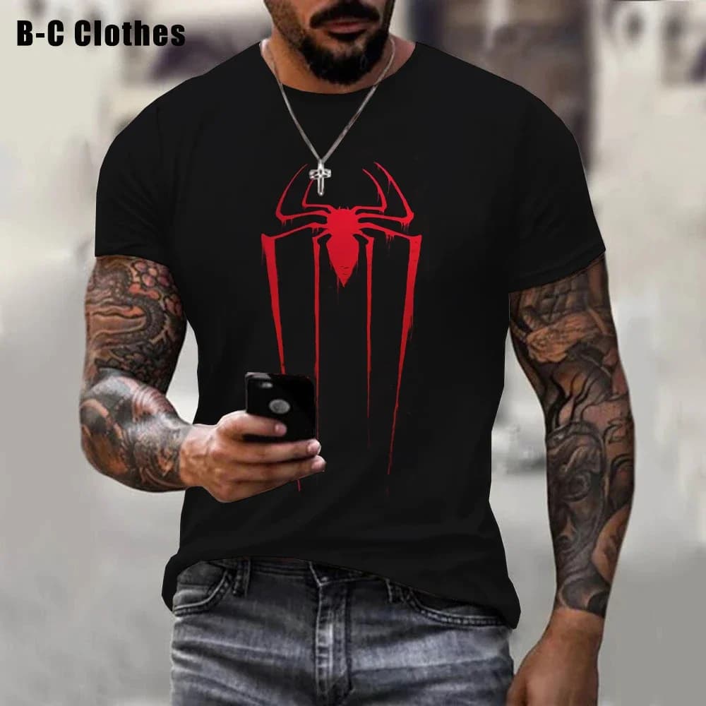 Hot-selling 3D Spider Print T-shirts for Men and Women in Summer, Round-neck Short-sleeved Shirts Made of Red Polyester Fiber