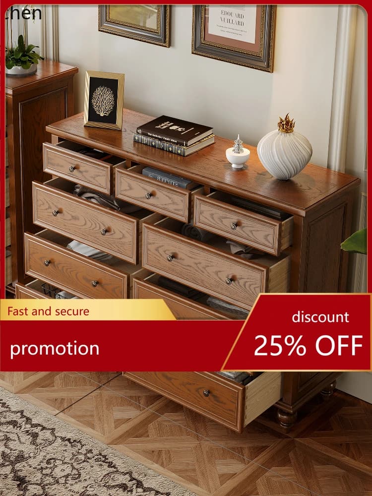 HT Retro Solid Wood Nine-Drawer Cabinet Bedroom Storage Bedside Cabinet with Drawers Storage Cabinet