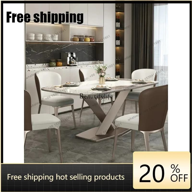 HJ Bright Stone Plate Dining Table Light Luxury Household Small Apartment 4-Person Rectangular Chair Combination Dining TableA