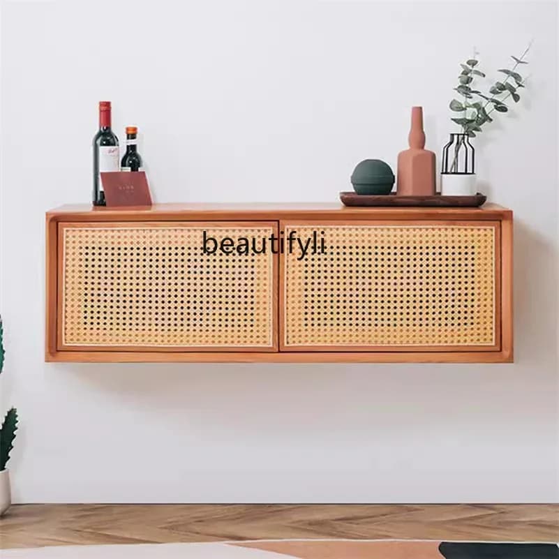 Japanese-style solid wood rattan hanging cabinet sliding door bedroom TV cabinet wall simple locker