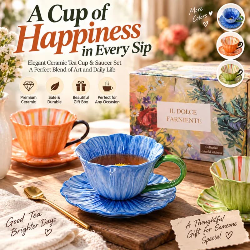 Flower Ceramic Coffee Cup Blue Poppy With Saucer Set Green Handle Artistic Tea Mug Home Kitchen Drinkware Gift Women Gift New