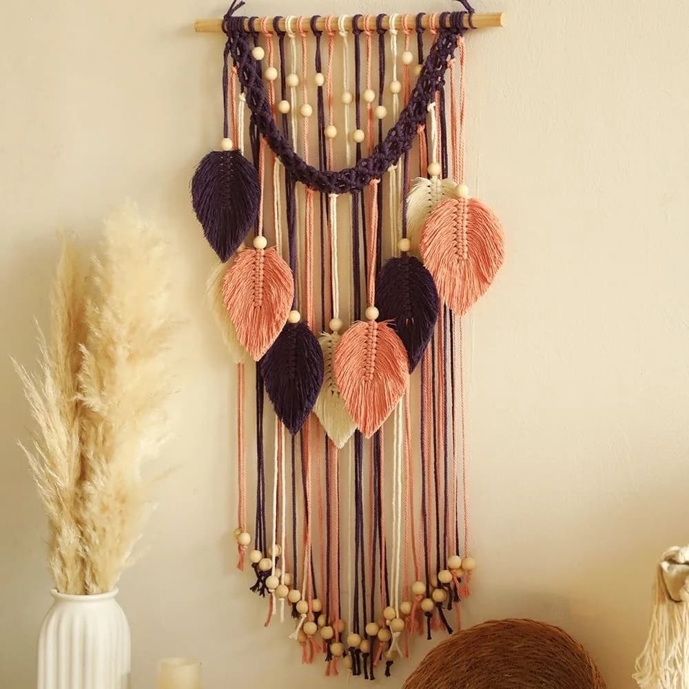 Color Mixing Wall Hanging with Leaf Tassels, Handwoven Cotton Rope  with Wooden Beads, Boho Wall Decor for Home Furnishings.
