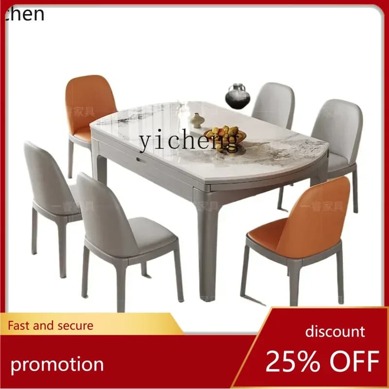 ZML Rock Slab Dining Table and Chair Modern Simple Small Apartment Telescopic Folding Convertible Round Solid Wood Dining Table