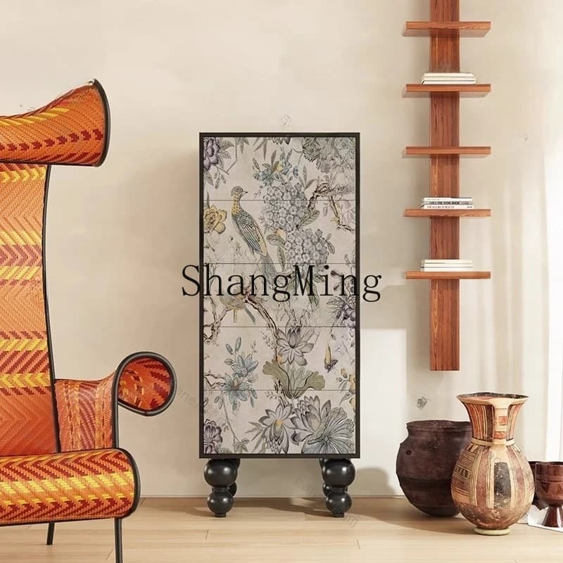 CL flower and bird living room side wall drawer solid wood five buckets storage locker