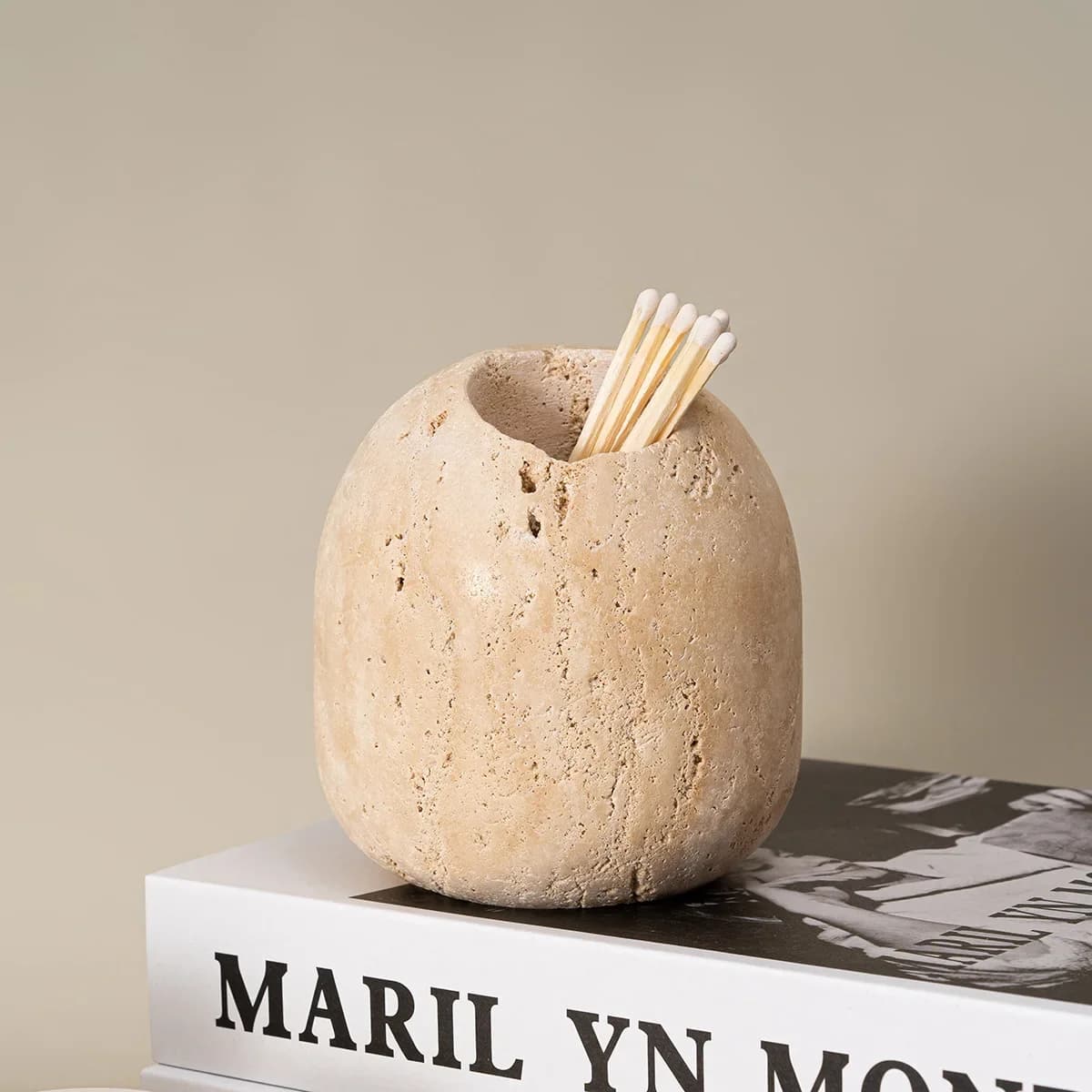 Beige Travertine Match Holder Vintage Match Jar Natural Marble Toothpick Holder Home Decor