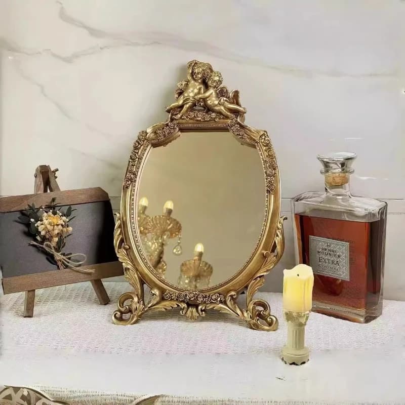 European Vanity Mirror with Golden Frame, HD  Makeup Mirror for Dressing Table, Living Room Decor, Photo Studio Prop Home Accen