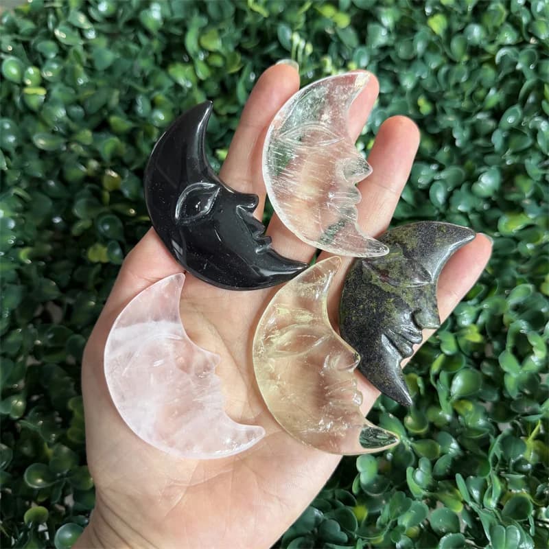1pc Rose Quartz Moon Shape carved Clear Crystal Citrine Moon Carving Home Decor Unique Crystal Gift