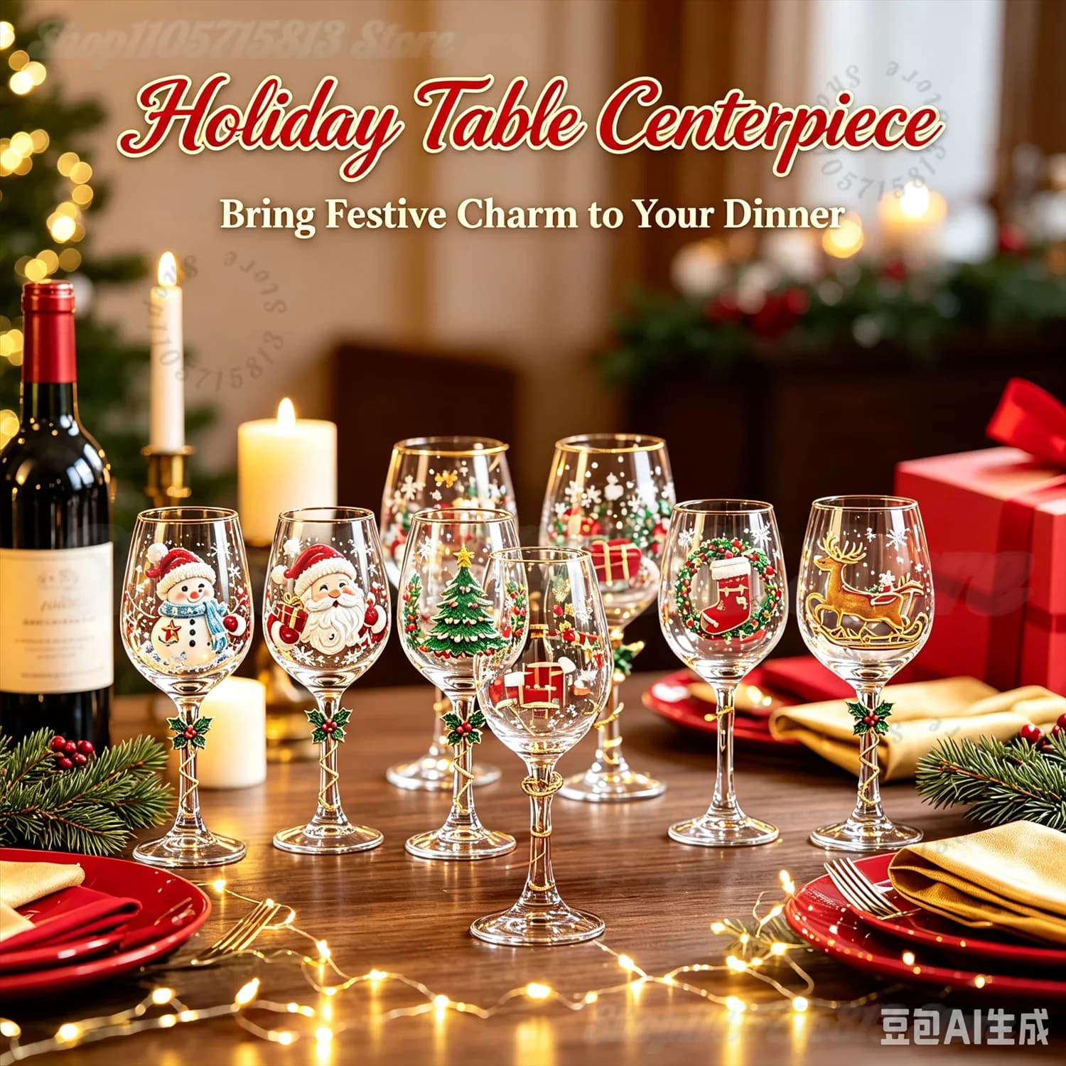 Christmas Decorative Wine Glass, 3D Embossed Xmas Goblet, Santa Snowman Reindeer Stocking Pattern for Christmas Gift Set
