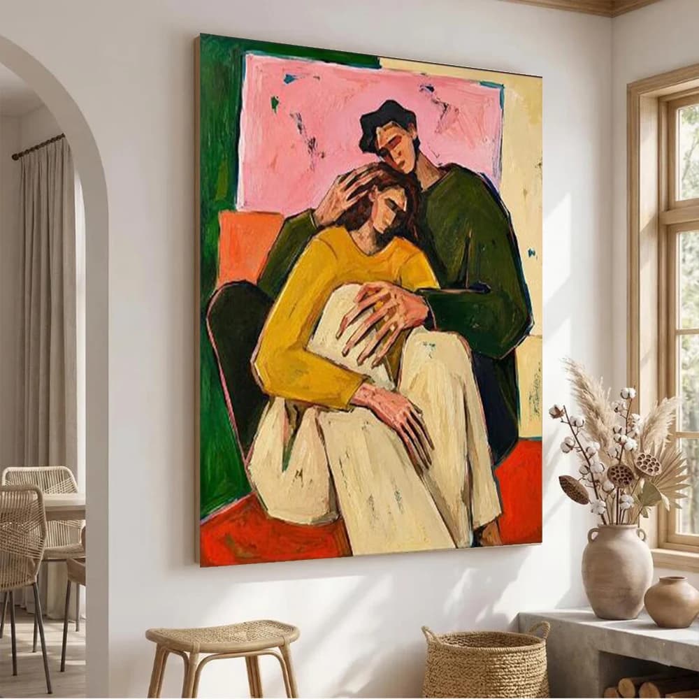 100% Handmade Abstract Oil Painting on Canvas - 'A Loving Family' Wall Art Picture Decor for Home Living Room Mural Artwork Gift