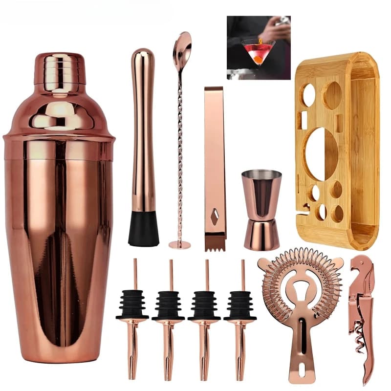 Professional home bartender set: 12 rose gold tools with base, one stop for classic cocktail preparation