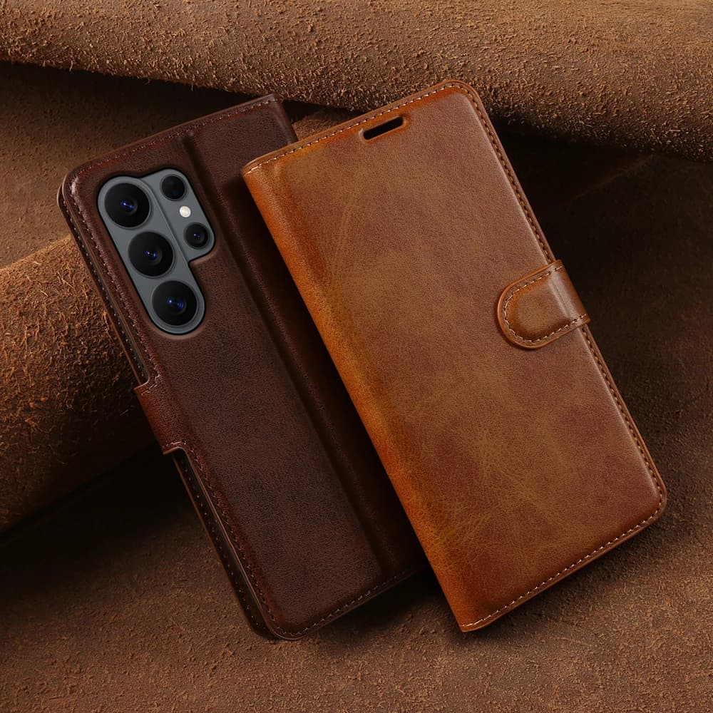 Calf Leather Flip Case For Samsung Galaxy A57 A37 A27 A17 A55 A36 A26 S25 Edge S24 S23 S22 S21 S20 FE S26 Plus Phone Case Cover