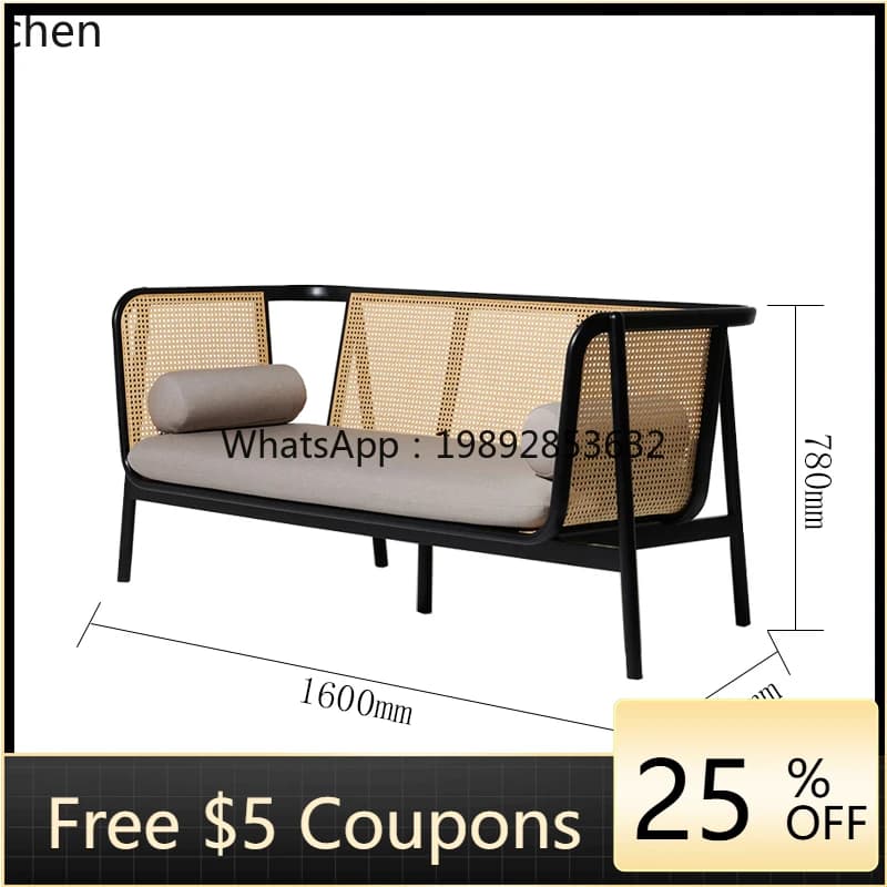 lobby lounge area, simple wabi-sabi wind solid wood rattan three-person meeting leisure sofa