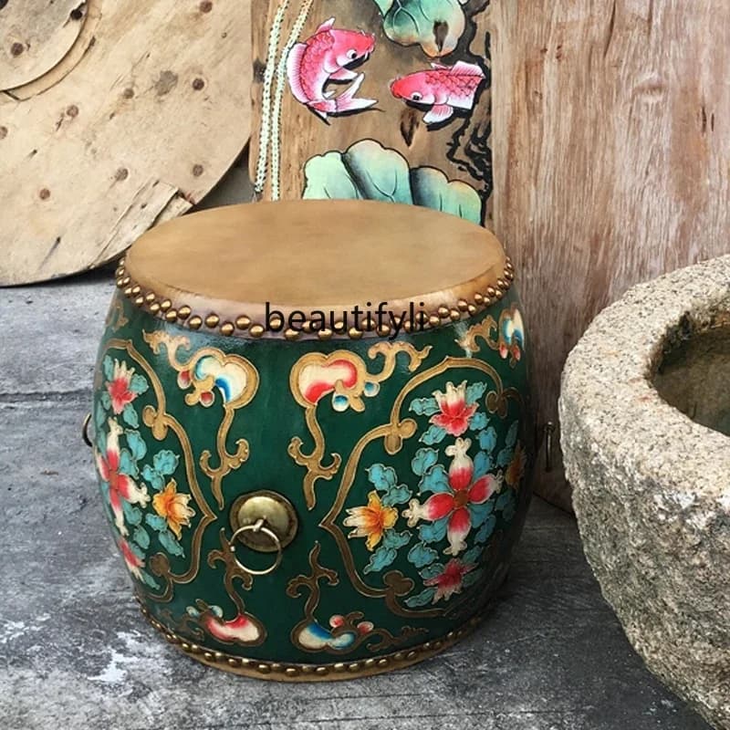Chinese Style Solid Wood Drum Stool Living Room Shoe Changing Stool Cabinet Cowhide Painted Distressed Round Pouf
