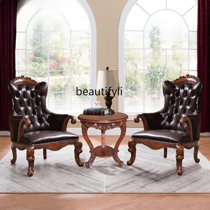 American Retro Genuine Leather High-Back Lounge Chair Single Sofa Chair Solid Wood  Study Office Chair