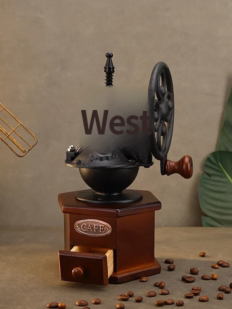 Retro-style static coffee machine decorative prop crafted from metal with wooden base splice ideal for Western restaurant bakery