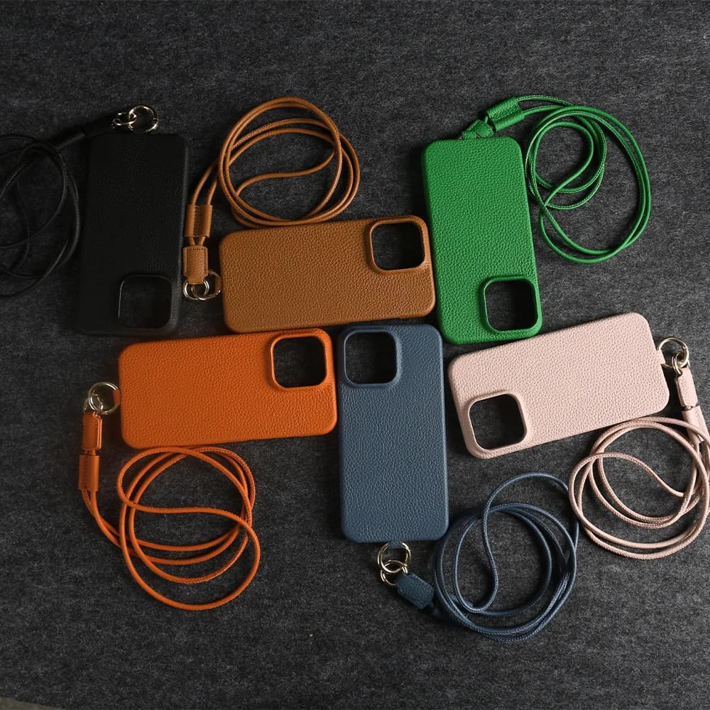 Classic Lichee Pattern Genuine Leather Phone Case For iPhone 16 Pro Max 15 Pro 14 Plus 13 Series With Detachable Long Lanyard