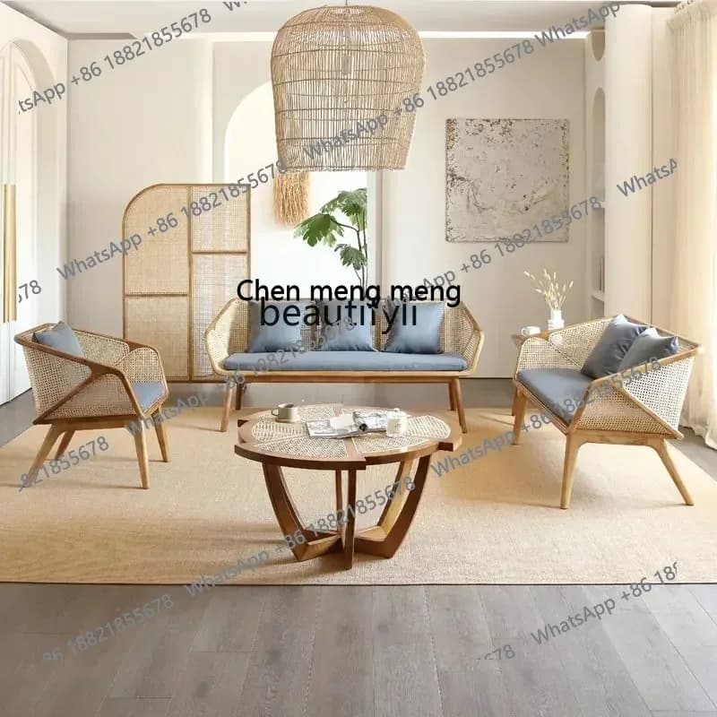 cn8617 LHY   Solid Wood Rattan Sofa Combination Retro Living Room White Wax Rattan Chair San Min Book Rattan Sofa