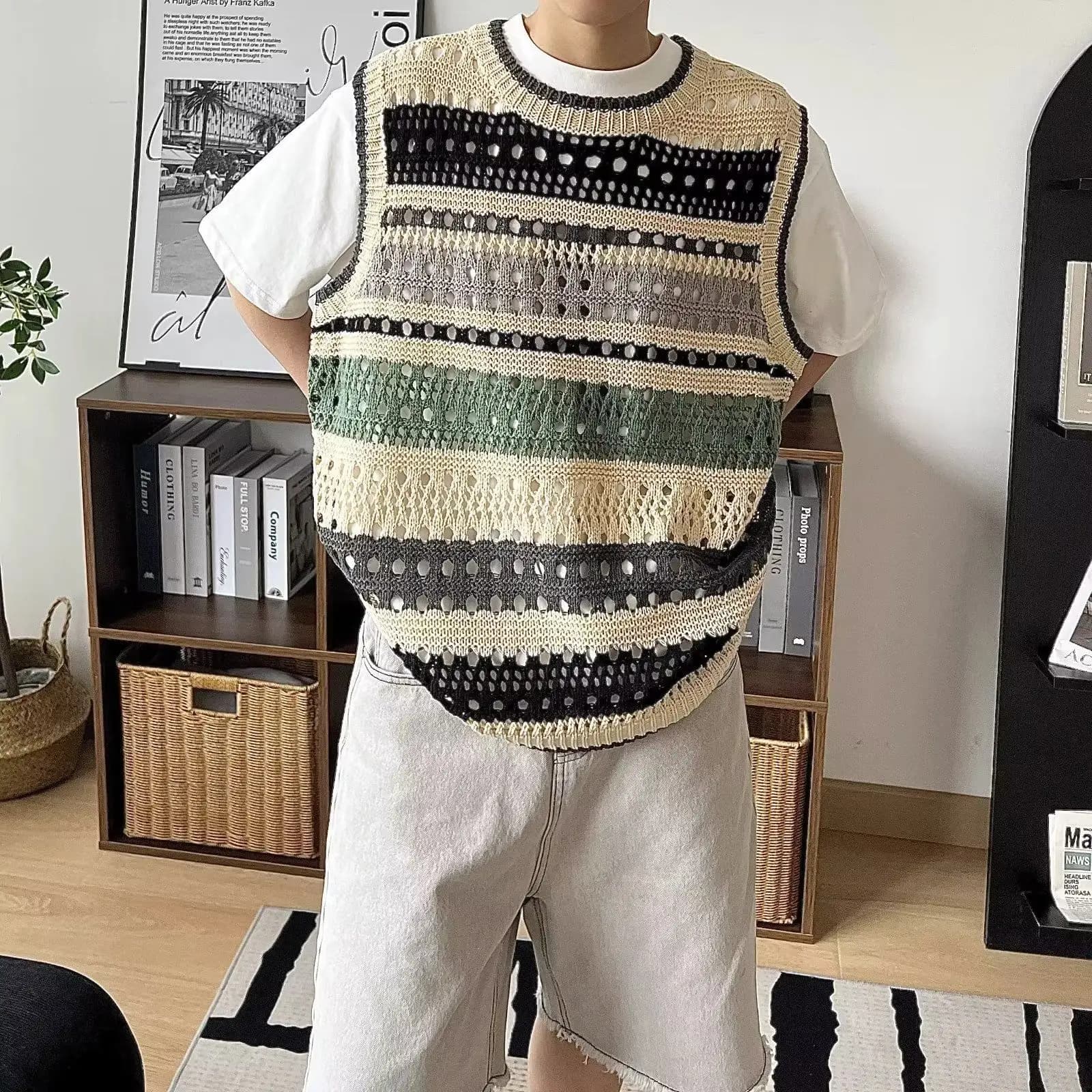 Retro Color Matching Striped Hollow Knitted Outer Vest Men's Summer Loose Design Pullover