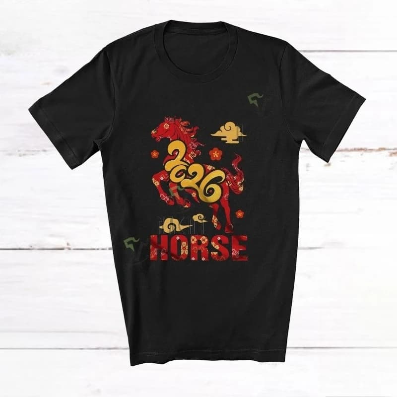 2026 Amusing Happy Lunar New Year Horse Flowers Family Group Crewneck T-Shirt High quality cotton Adult mens graphic tshirts