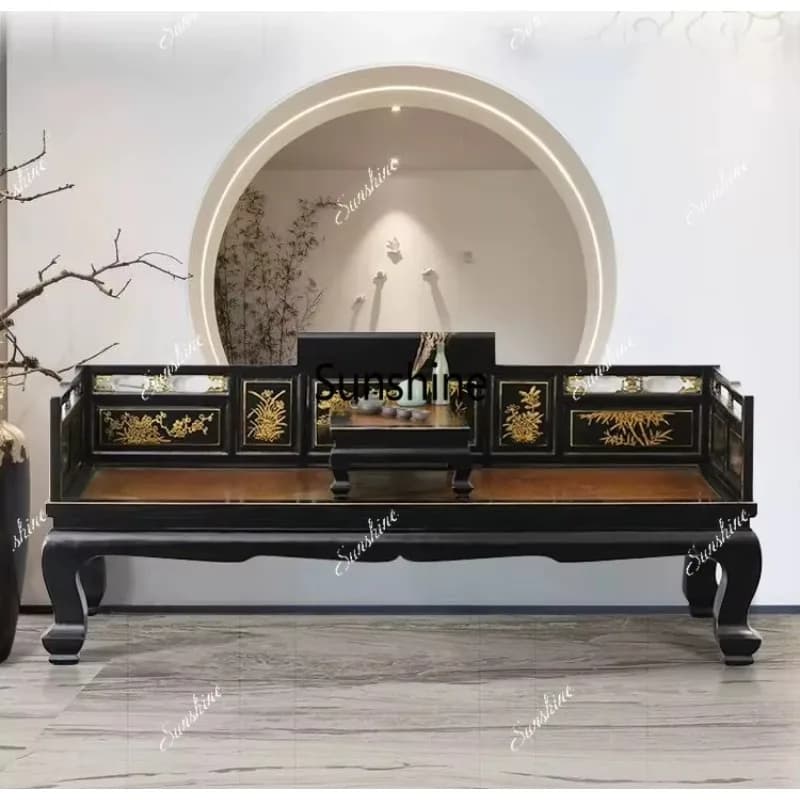 New Chinese Arhat bed retro black lacquer classical gold-painted carved rattan couch