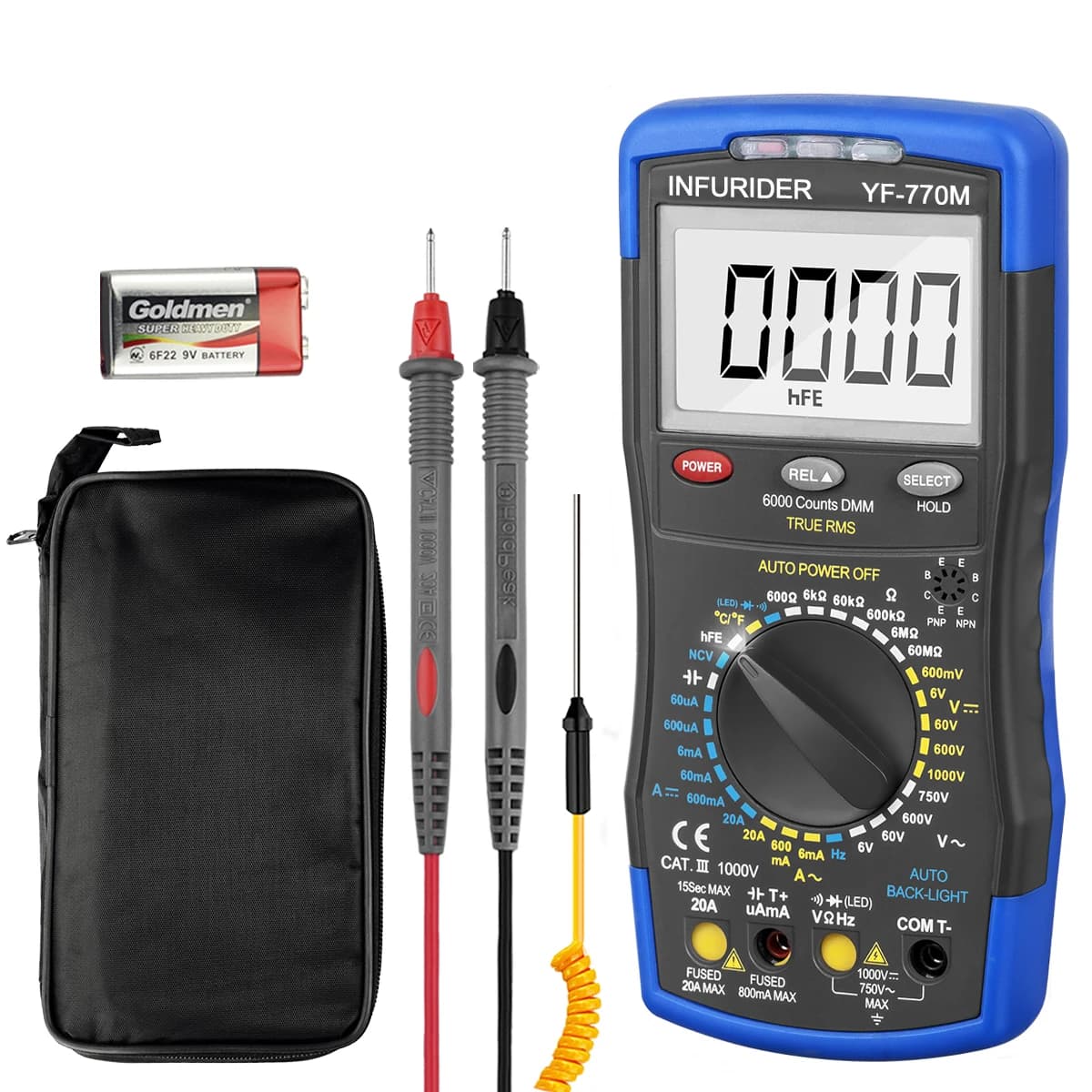 HoldPeak Digital Multimeter HP-770M Auto Range RMS Detector AC/DC Ammeter Voltmeter Ohm NCV HFE Transistor Tester Multimetro